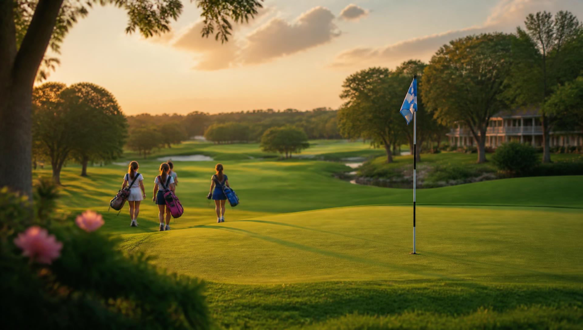Girls golfers walking a fairway at sunset